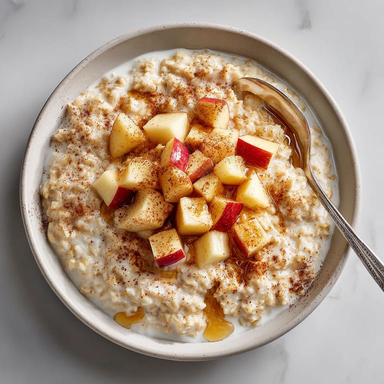 A bowl of oatmeal with apples and cinnamon.
