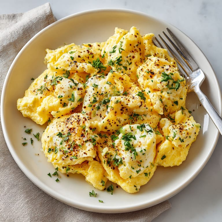 A plate of scrambled eggs with herbs and garlic.