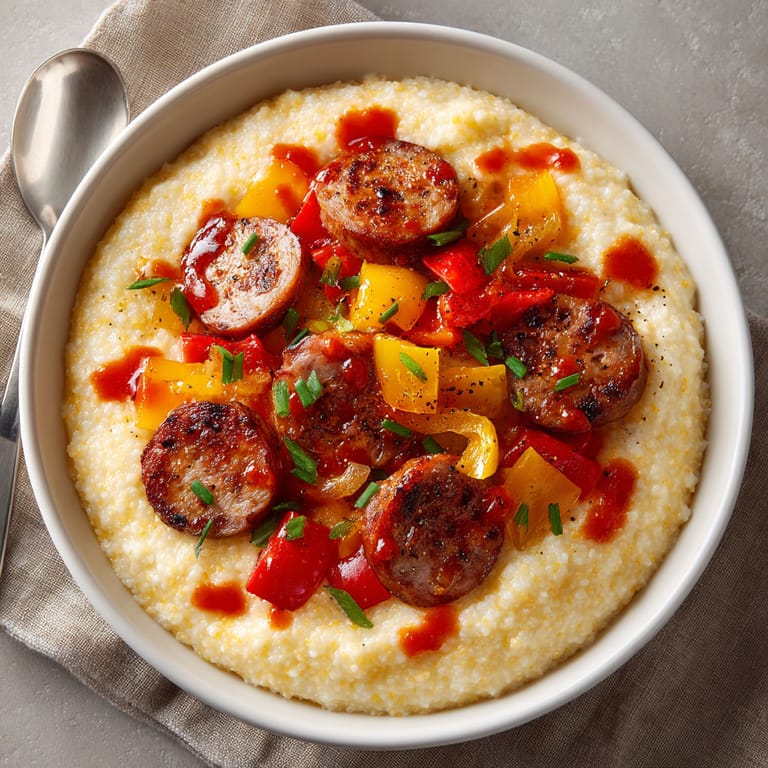 A bowl of grits with sausage and peppers.