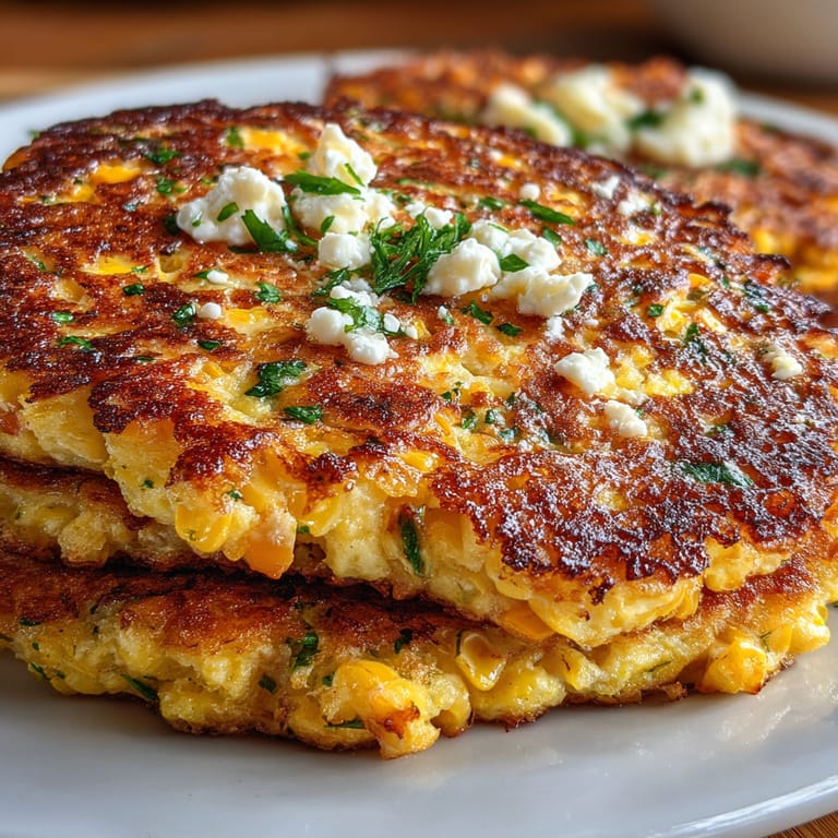 A plate of savory corn and feta pancakes.