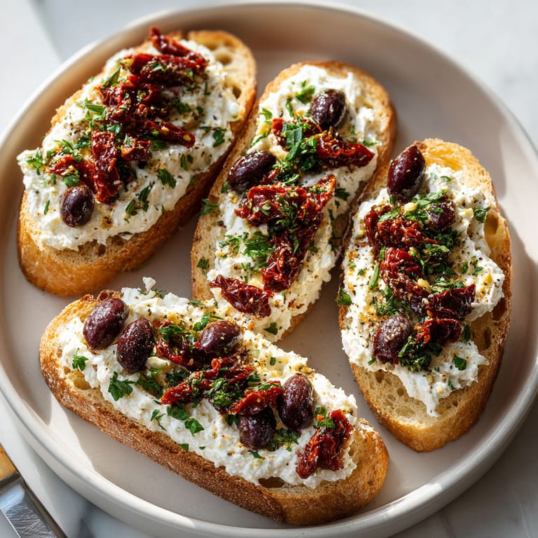 A plate of bread with white cheese and red peppers.
