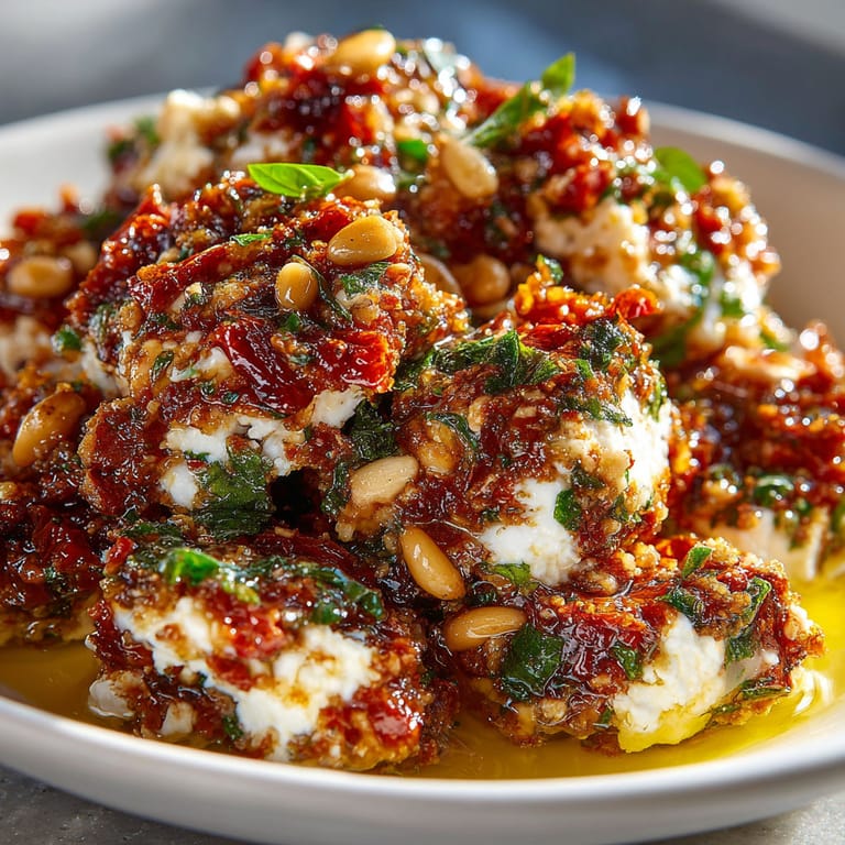 A plate of food with sun-dried tomato and feta pesto.