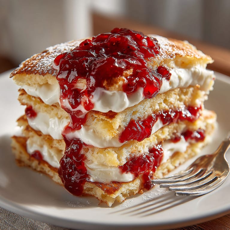 A stack of pancakes with jelly on top.