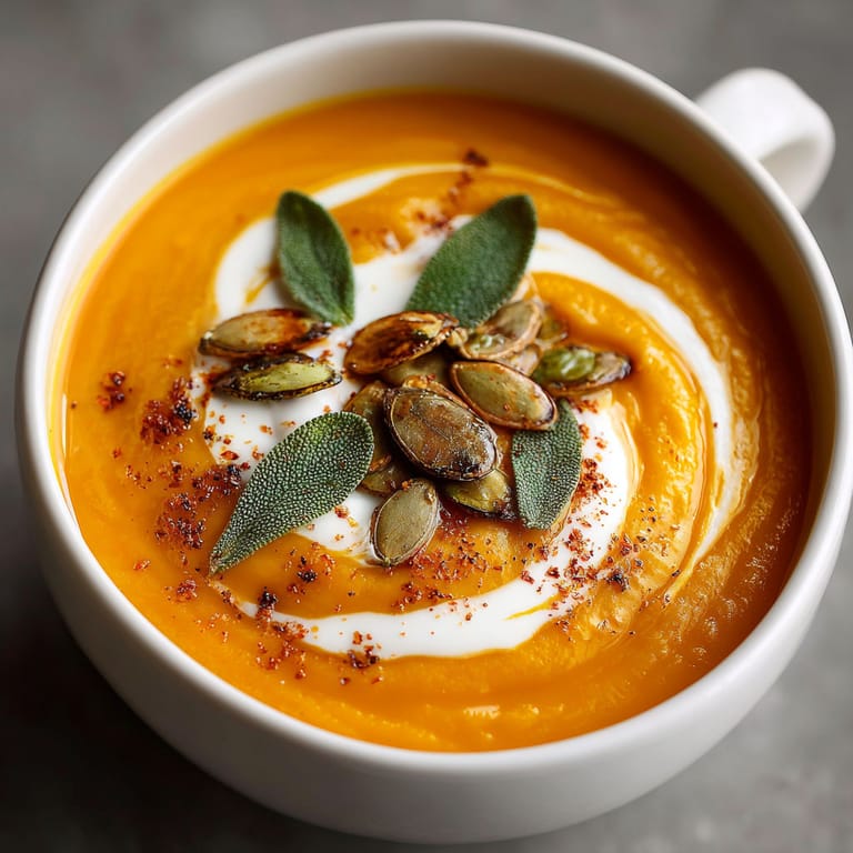 A cup of soup with a spoon in it.