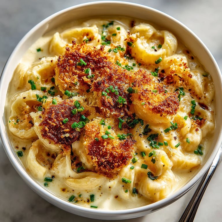 A bowl of pasta with cheese and herbs.