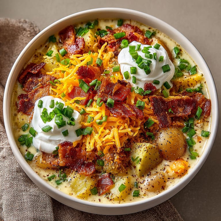 A bowl of soup with bacon and cheese.