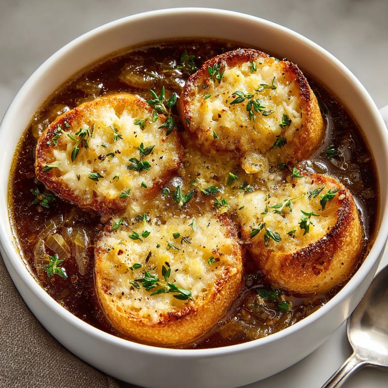 A bowl of French onion soup with croutons.