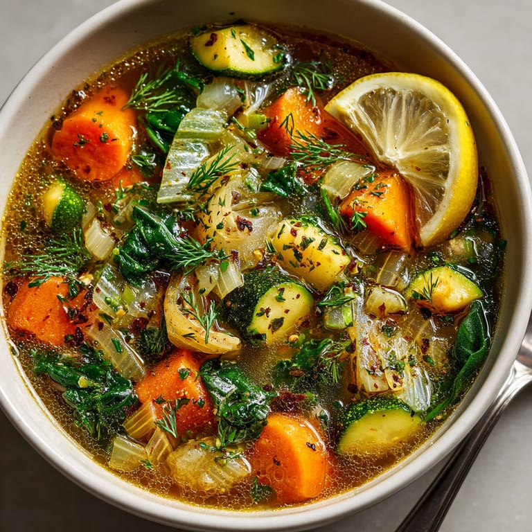 A bowl of soup with vegetables and a lemon wedge.