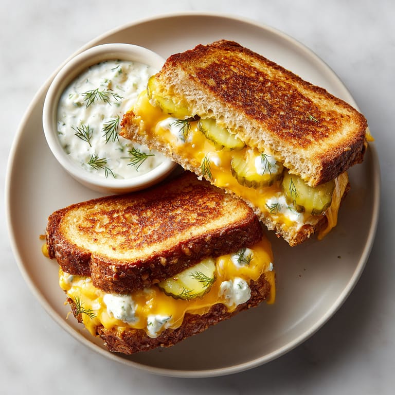 A plate with a grilled cheese sandwich and a bowl of pickle fix dip sauce.