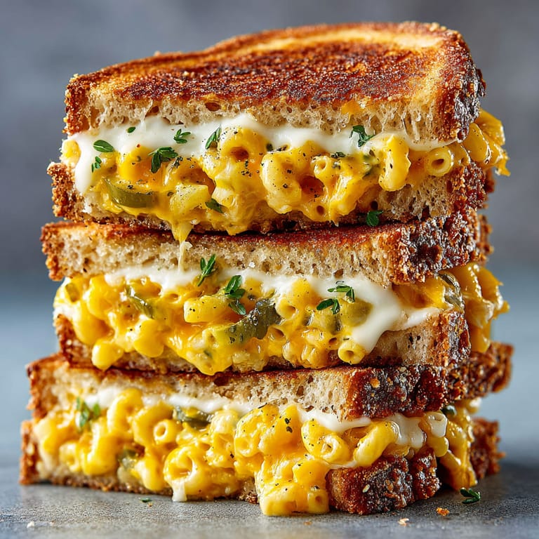 A stack of grilled cheese sandwiches with macaroni and cheese in between.