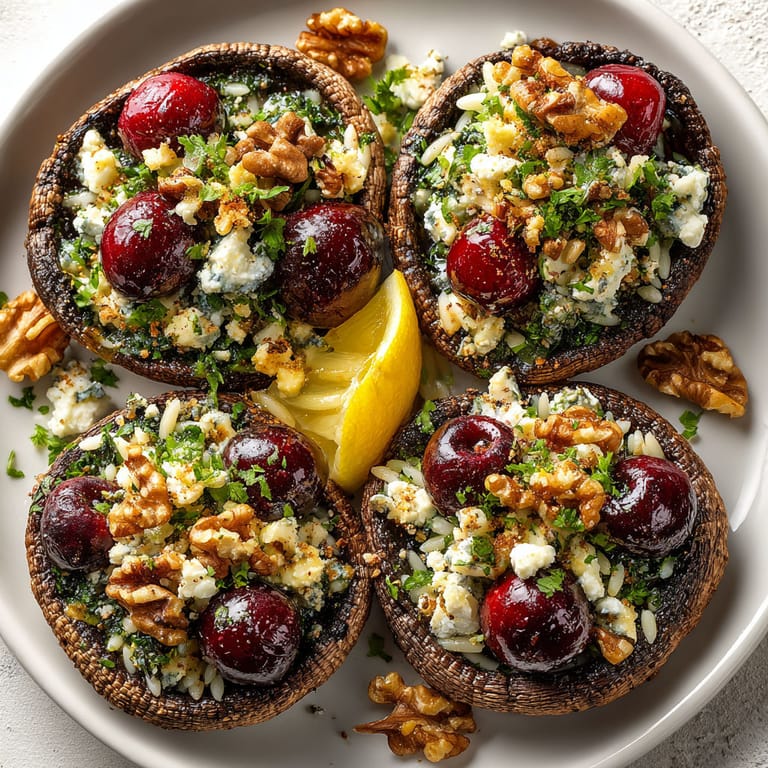 Four mushrooms with cherries and walnuts on top.