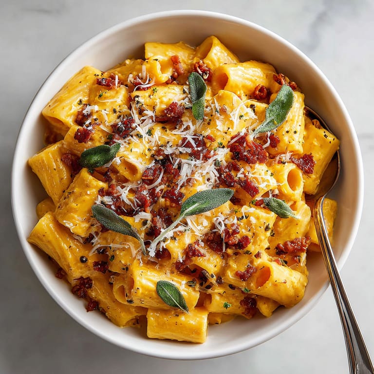 A bowl of pasta with cheese and bacon.