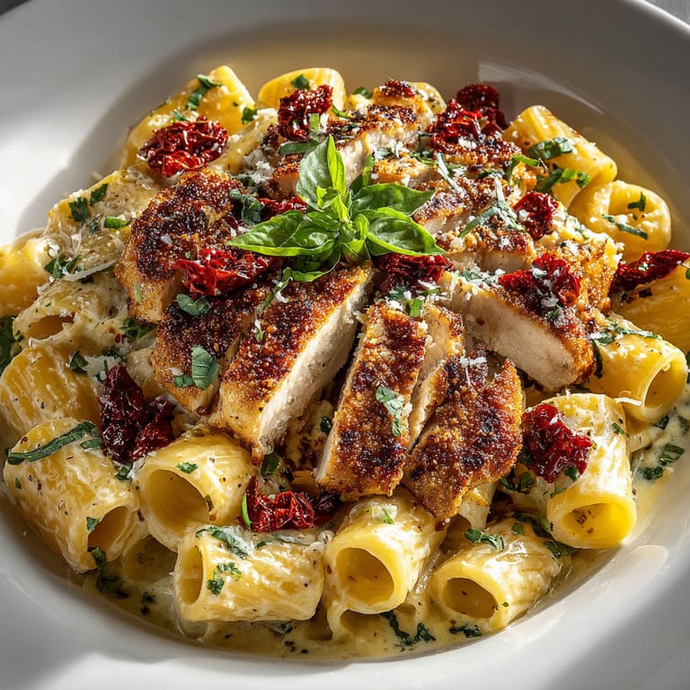 A plate of pasta with chicken and tomatoes.