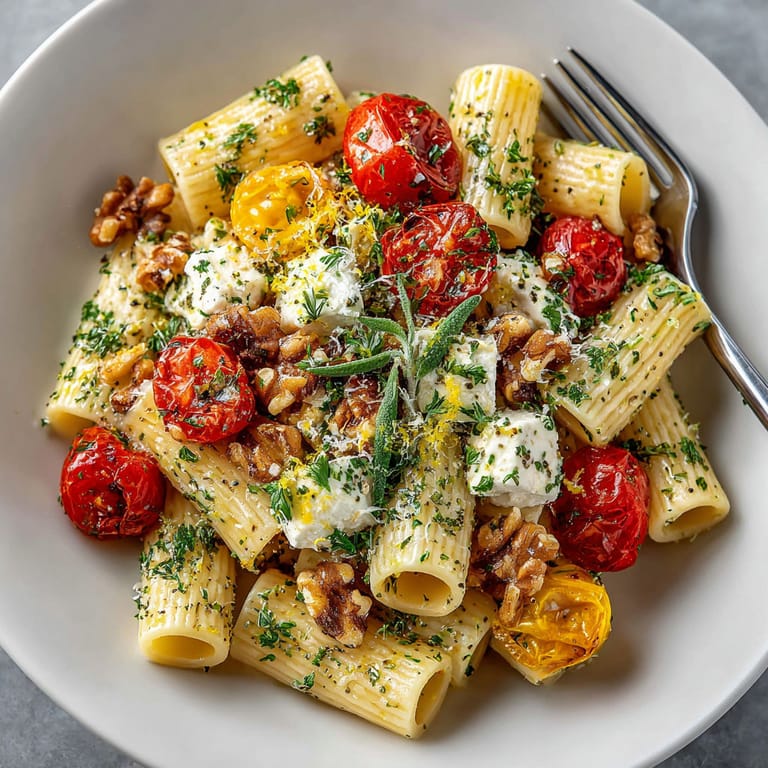 A bowl of pasta with tomatoes and feta cheese.
