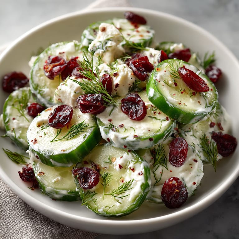 A white bowl filled with cucumber slices and cranberries.