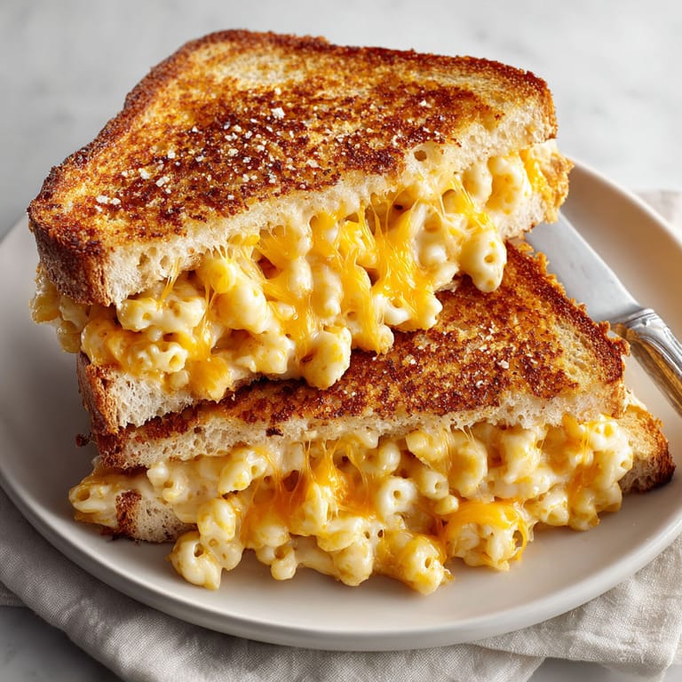 A grilled cheese sandwich with mac and cheese in the middle.