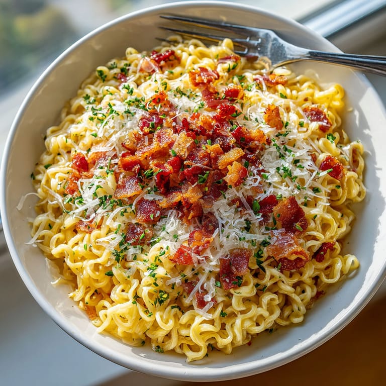 A bowl of noodles with bacon and cheese.