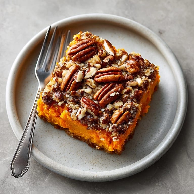 Close-up of Maple Bourbon Brown Butter Sweet Potato Casserole showing gooey sweet potatoes and crisp pecan topping.