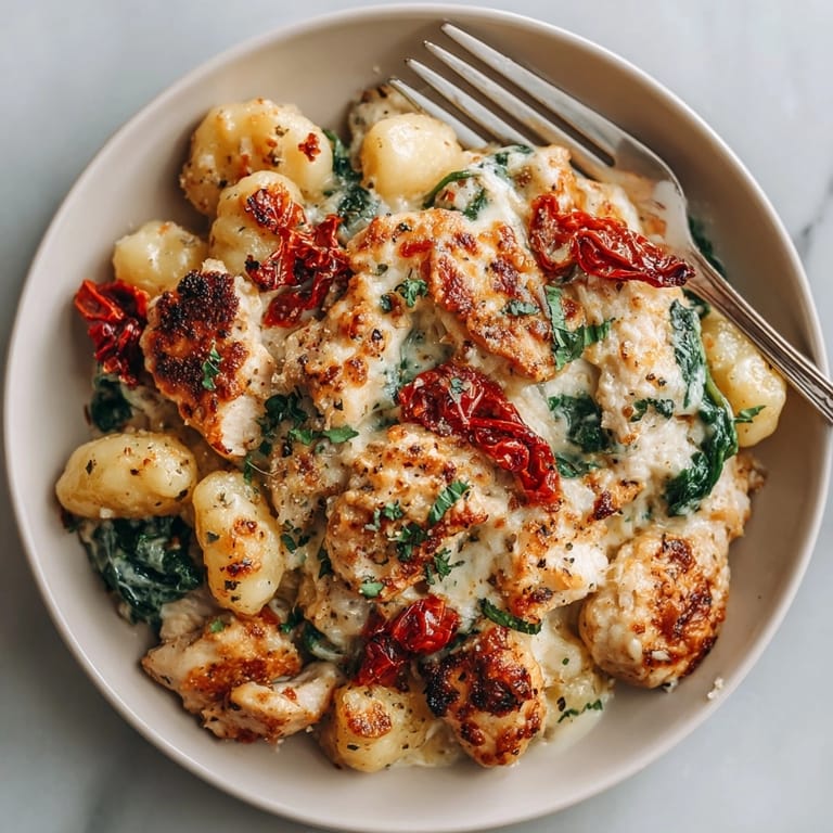 One-Pan Tuscan Chicken Gnocchi Bake topped with melted cheese and fresh spinach, steaming hot.