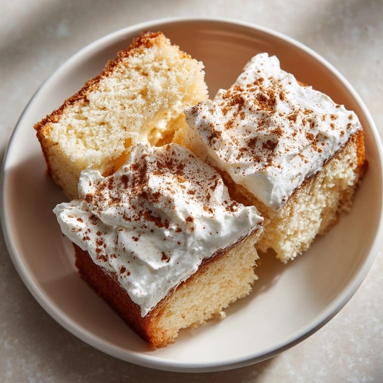 Rich pumpkin spice tres leches cake glistening with three-milk soak, garnished with airy whipped cream for an autumn dessert.