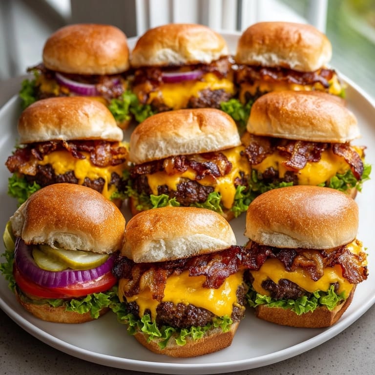 Ultimate Bacon Cheeseburger Sliders with Secret Sauce served warm on a tray, topped with fresh lettuce and tangy pickles.