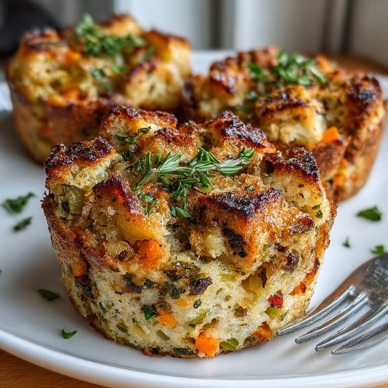 Freshly baked sourdough stuffing muffins with sage served warm as a comforting holiday side dish.