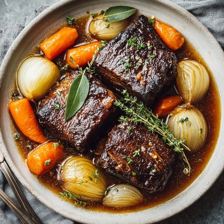 Slow-cooked apple cider braised short ribs garnished with fresh herbs, steam rising invitingly.