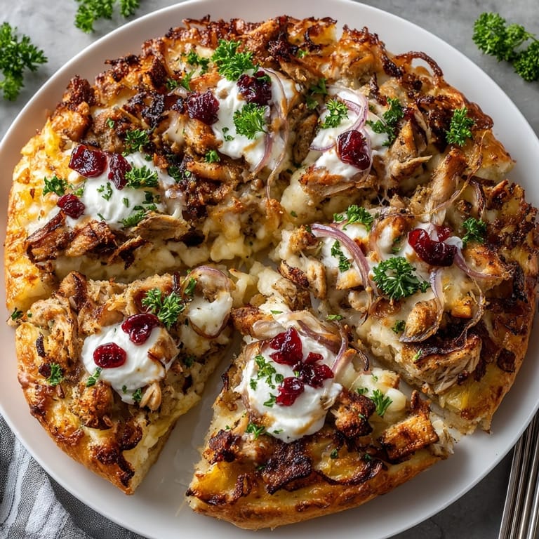 Sliced Loaded Thanksgiving Leftover Pizza featuring mashed potatoes and roasted turkey, drizzled with gravy