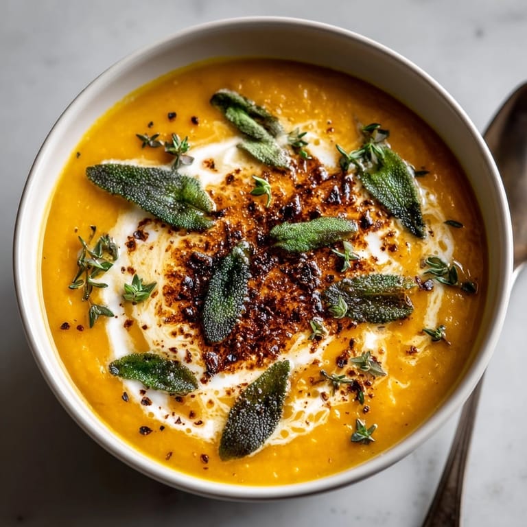 Velvety brown butter sage butternut squash soup in a rustic bowl, garnished for autumn comfort.