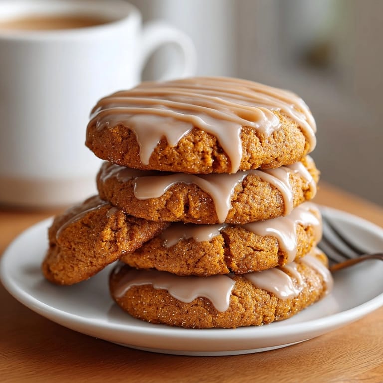Close-up of pumpkin spice latte cookies fresh from the oven, drizzled with sweet spiced glaze