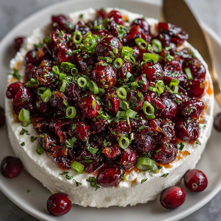Smooth cream cheese spread with tangy cranberry jalape&#241;o topping garnished for a colorful party dip.