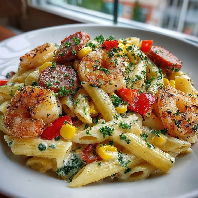 A bowl of Cajun Seafood Boil Pasta featuring shrimp, crab, sausage, and sweet corn.