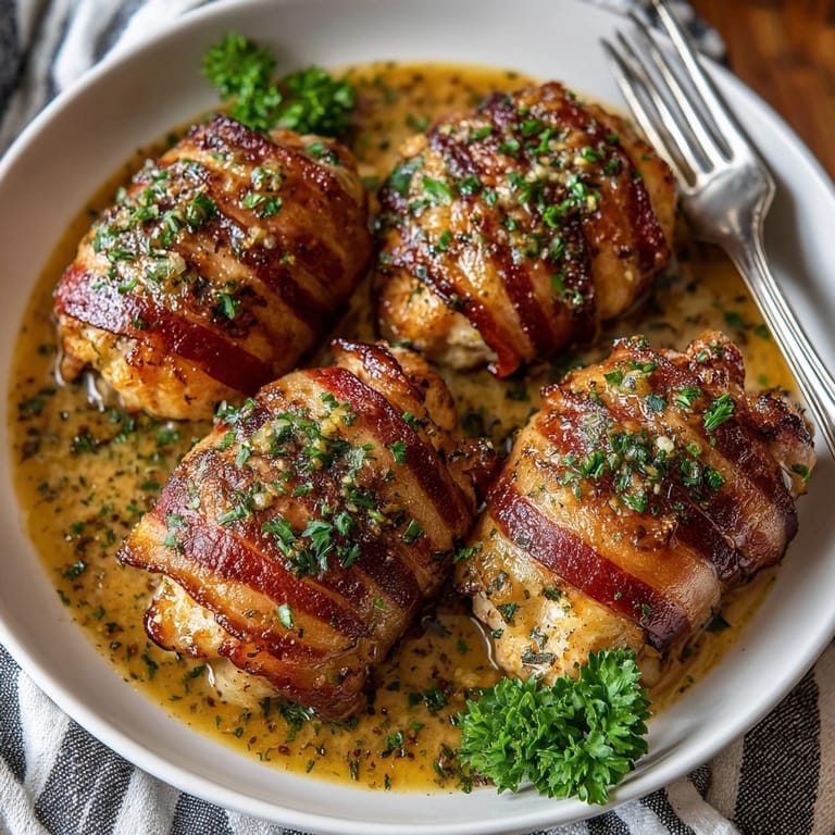 Juicy honey mustard chicken thighs enveloped in bacon, plated with vibrant parsley and side dishes