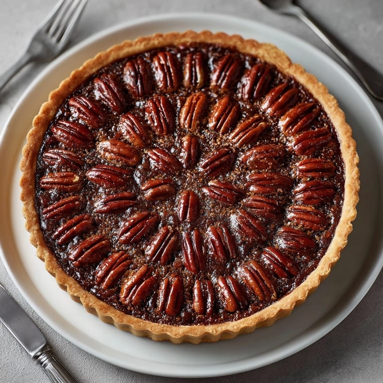 Decadent Chocolate Bourbon Pecan Tart in golden pastry crust, rich aroma of chocolate and bourbon