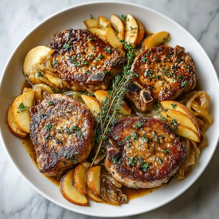 Hearty cider braised pork chops with apples served family-style for a cozy autumn dinner.