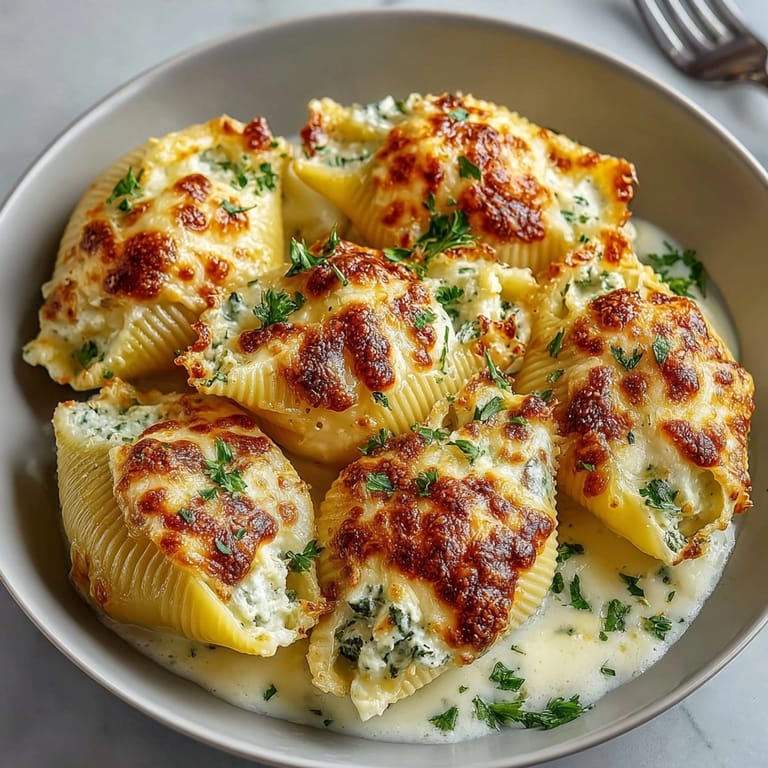 Creamy pumpkin Alfredo stuffed shells arranged in a white baking dish, ready for fall dinner serving.