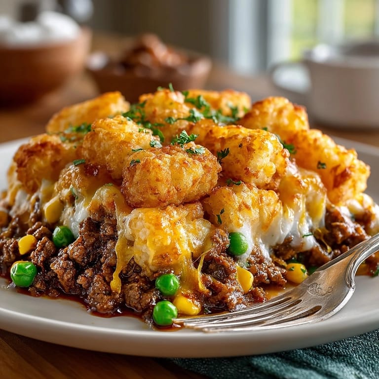 Hearty tater tot casserole with creamy beef filling, perfect for a cozy family dinner