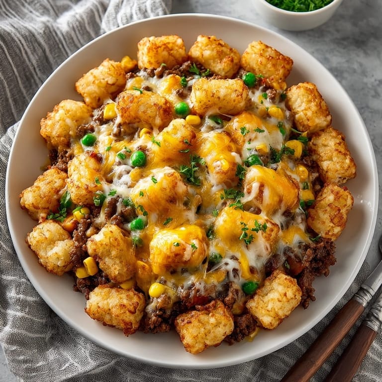 Classic tater tot casserole served hot, featuring crispy potatoes and savory ground beef