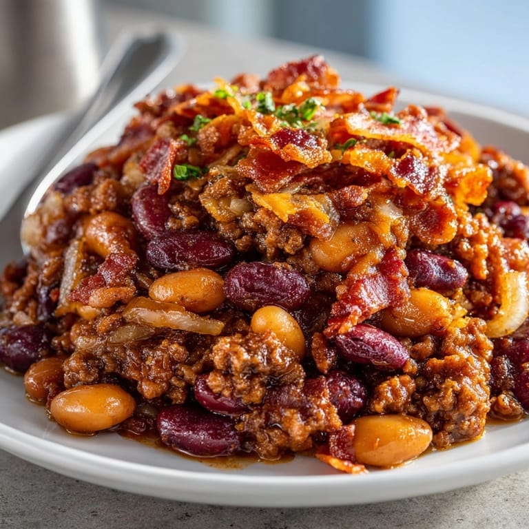 Oven-baked calico bean casserole packed with colorful beans and savory ground beef layers.