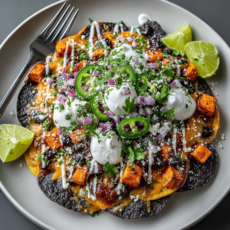 Savory Midnight Nachos recipe: Black beans, roasted sweet potatoes, and lime-kissed sour cream.