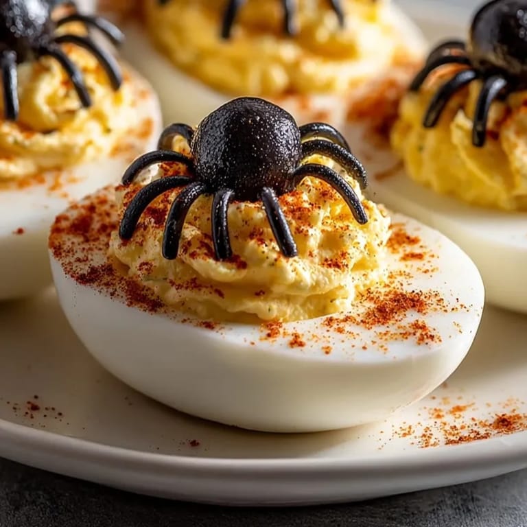 Homemade Spooky Spider Deviled Eggs close-up, tangy yolk filling piped into tender egg whites.