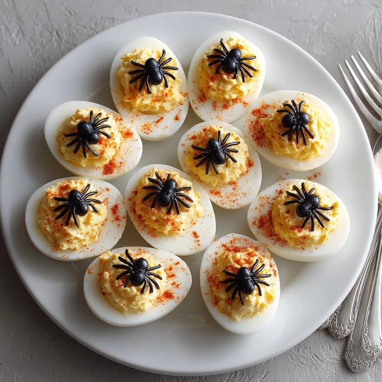 Easy Spooky Spider Deviled Eggs recipe: black olive "spider" garnish on smoked paprika topping.