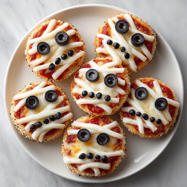 Homemade Mummy Pizza Bagel Bites, crisp, savory and fun, for a Halloween treat.