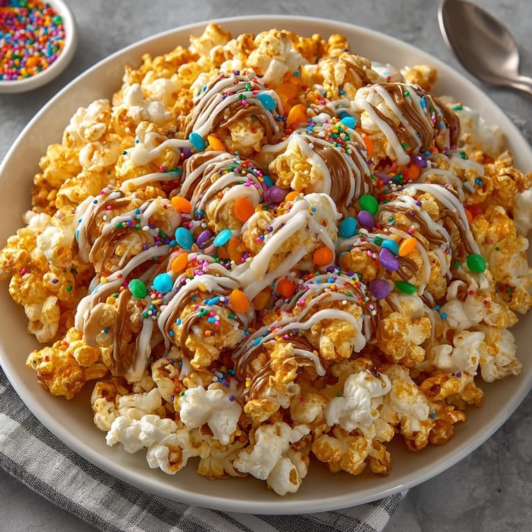 Homemade, warm Pumpkin Spice Popcorn with Candy Drizzle, the perfect seasonal sweet treat.