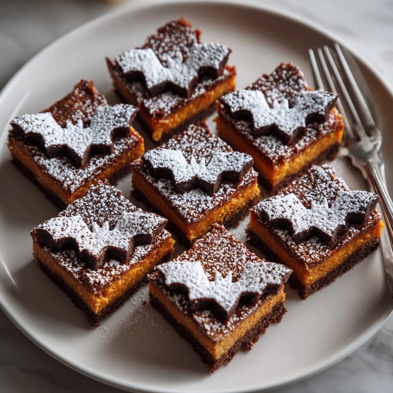 Warm, freshly baked Pumpkin Pie Bars, showcasing the bat crust dusted with powdered sugar.