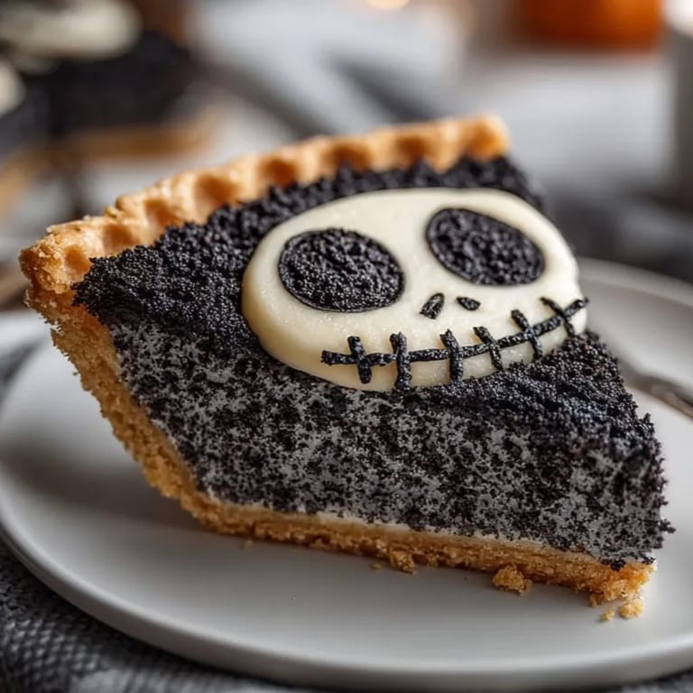 Homemade Jack Skellington Pie features a creamy chocolate filling with festive, scary decoration.