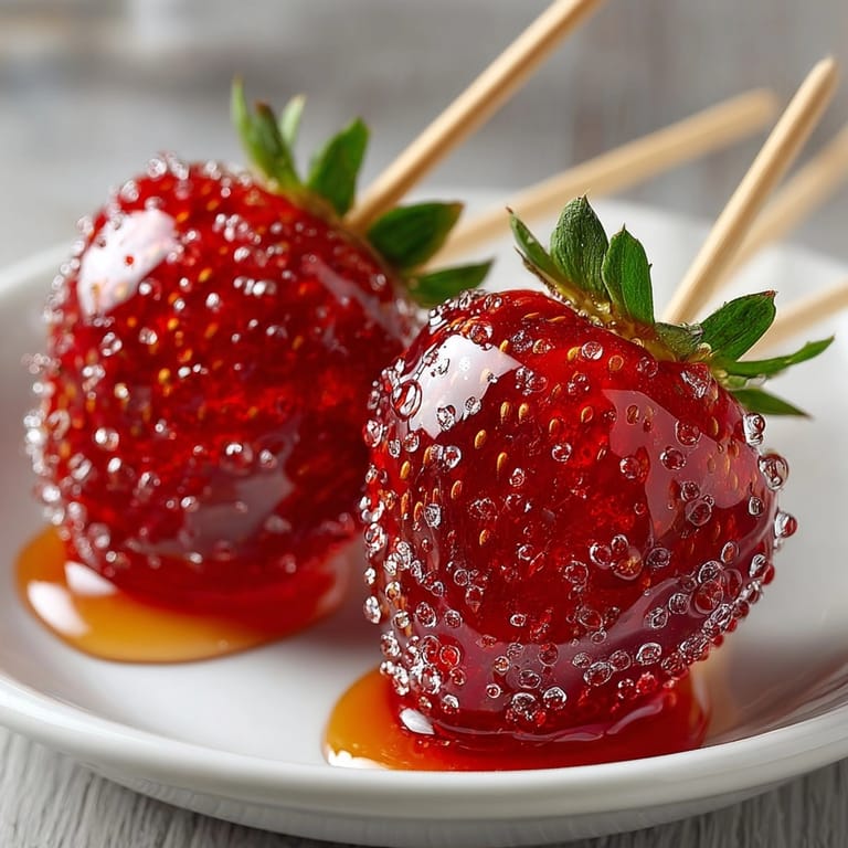 Close-up of homemade candied strawberry tanghulu with a hard, translucent candy shell glistening invitingly.