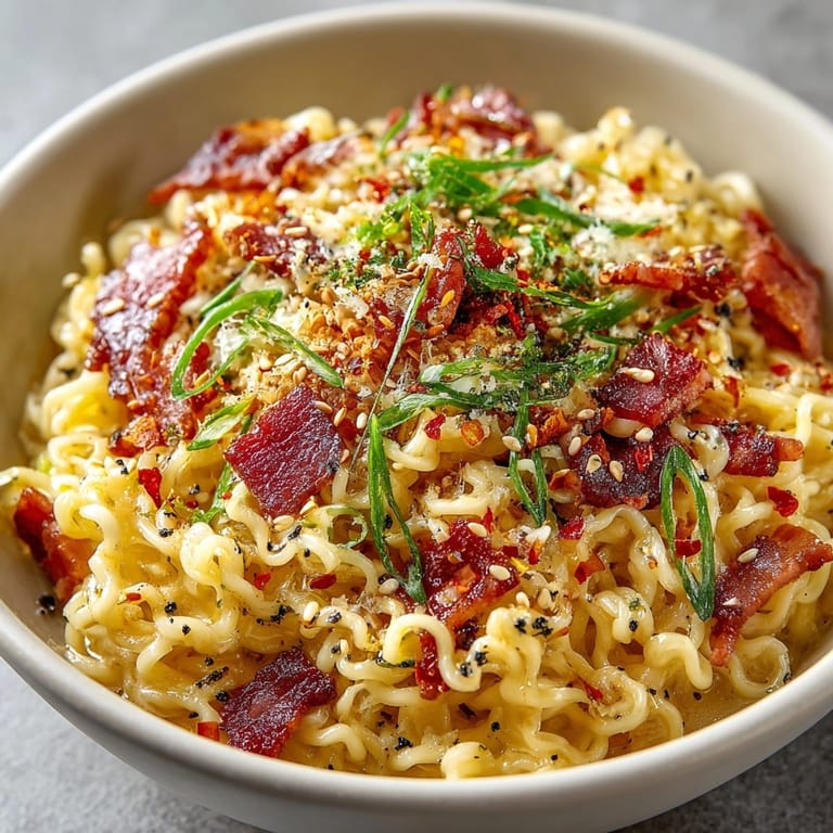 Overhead shot of Spicy Ramen Carbonara shows noodles glistening in a rich, cheesy sauce.