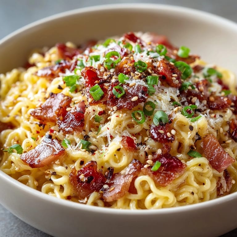 Homemade Spicy Ramen Carbonara: A fusion dish with crisp pancetta and an addictive egg sauce.