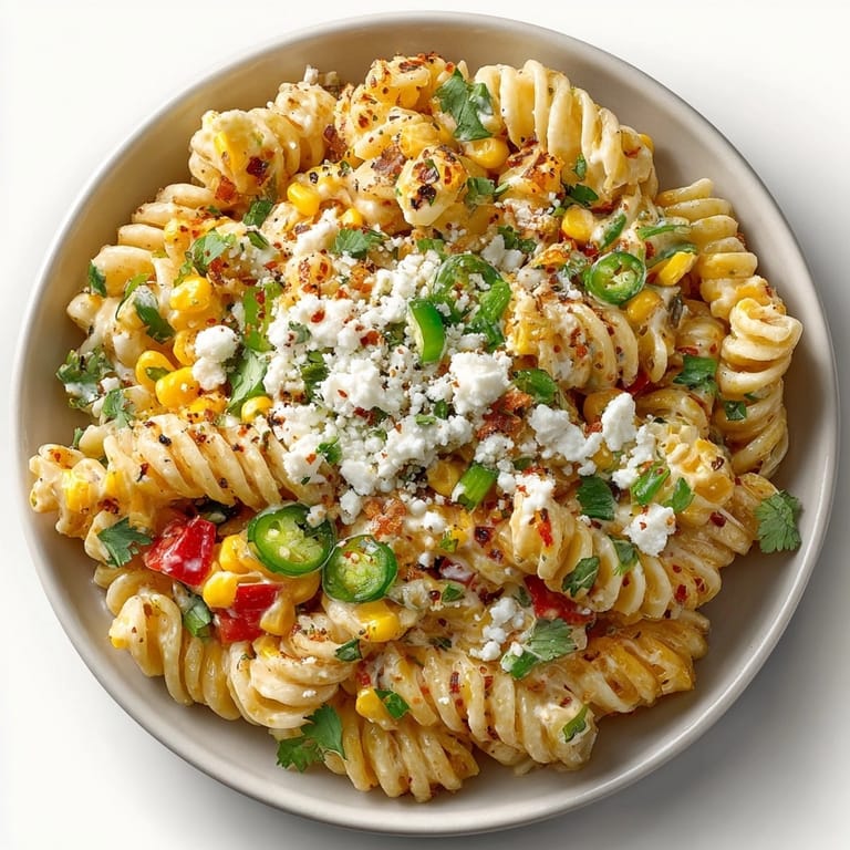Tangy summer Mexican Street Corn Pasta Salad recipe, perfect with lime wedges and chili powder.